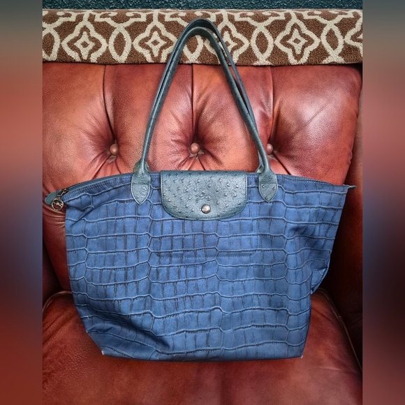 Longchamp Handbags - Rare Longchamp Le Pliage Ostrich Trim Nylon Croc Print Tote Blue/teal